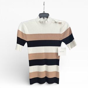 Ellen Tracy Knit Top Womens Size XS Stripe Ribbed Mock Neck Short Sleeve Buttons